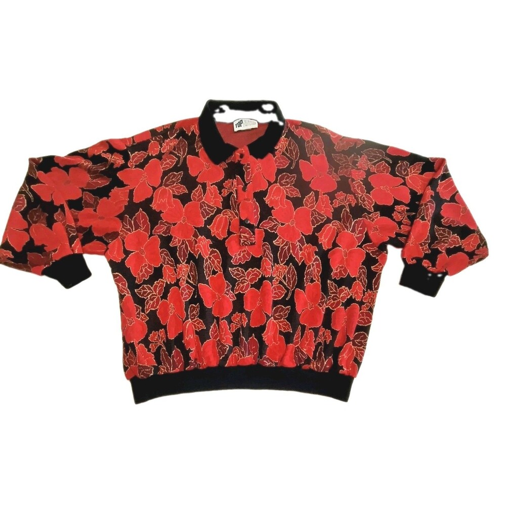 Vintage Top Notch Oversized Vintage Knit Floral Sweater Red Black Size 2X